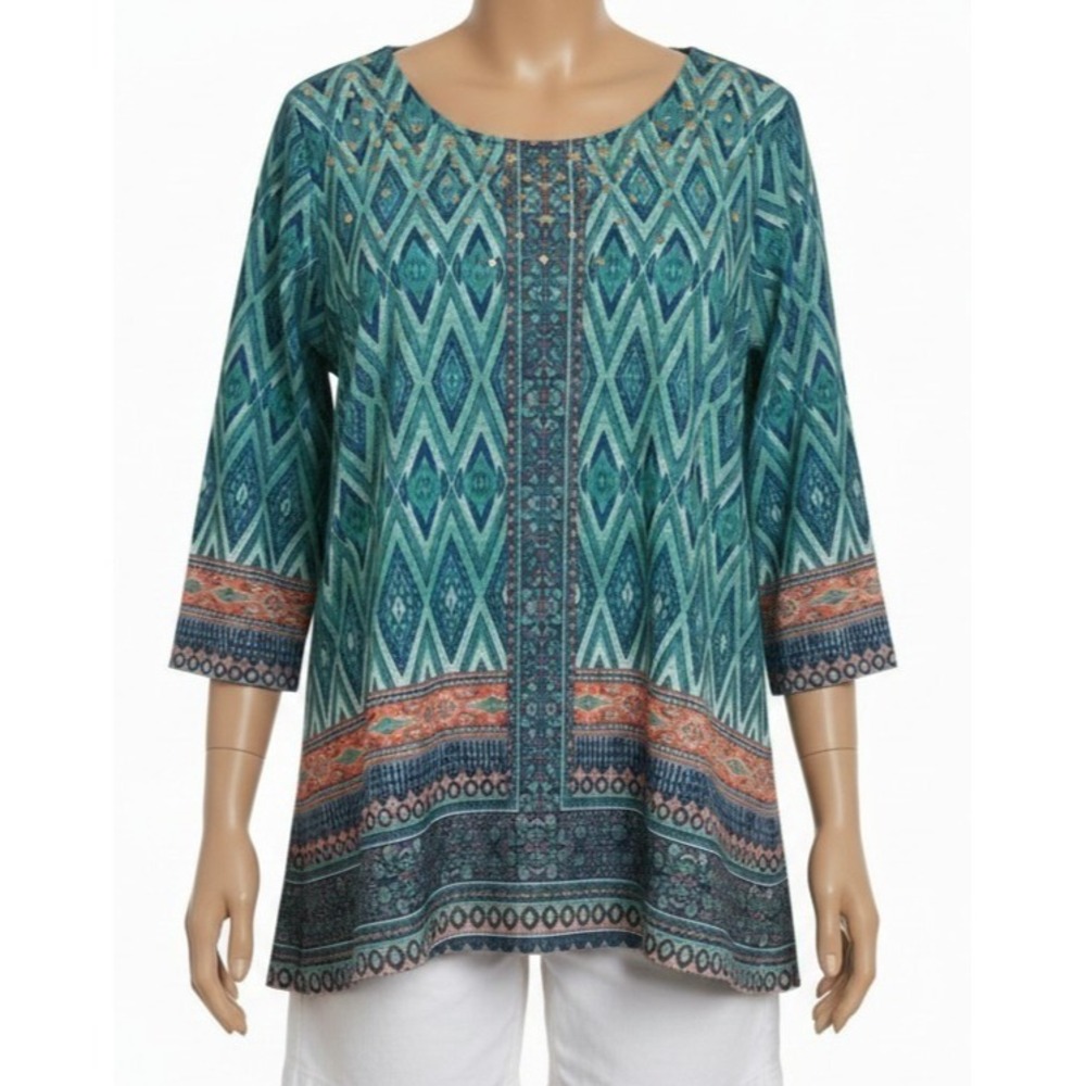Ruby Rd Women XL Summer Festival Boho Tunic Diamond Beaded Southeast Asian Theme